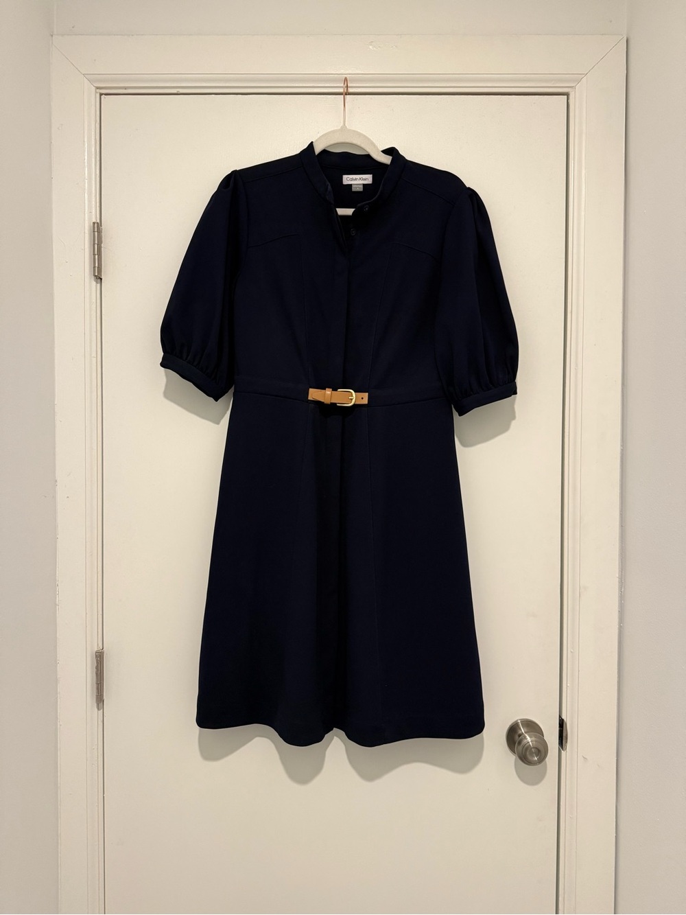 Calvin Klein Navy Puff-Sleeve Belted Dress
